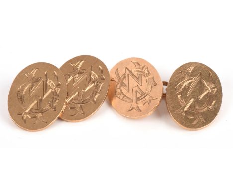 Monogramed cufflinks, set with oval plaques with chains links, all stamped 9 ct.Condition Report:  gross weight 10 grams 