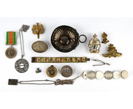 A group of antique and silver items, including a silver locket orb pendant 30mm in diameter with chain, a celtic ship brooch,