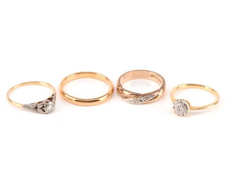 Four gold rings, including a 2.8mm wedding band in 22 ct, size P, a diamond cluster ring, size K, a diamond band ring, size K