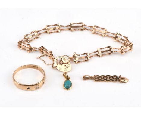 Diamond set ring, in gypsy setting, hallmarked 9 ct 1987, size R, with an oval cabochon turquoise pendant in 14 ct mount 14x6