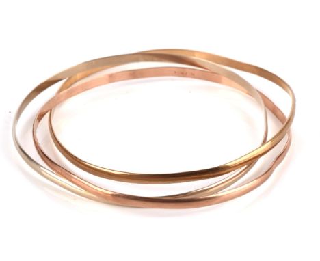 Tri-coloured gold fixed bangle, in 9 ct gold, hallmarked London 1993. inside diameter approximately 68mmCondition Report:  Gr