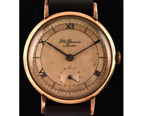 Gold J.W. Benson of London wristwatch, with signed dial and Roman numeral hour markers, subsidiary dial and minute track, wat
