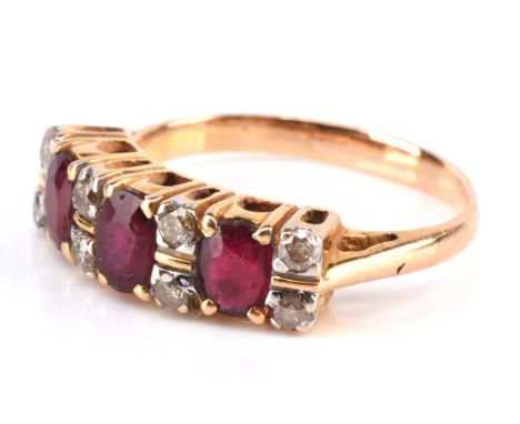 Burmese ruby and diamond ring, set with three un treated oval ruby's estimated weight 0.70 carats and brilliant cut diamonds 