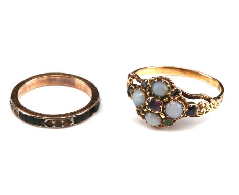 Antique opal, ruby and garnet topped doublet ring, tested as 9 ct, with antique ring case and a blue and white paste eternity