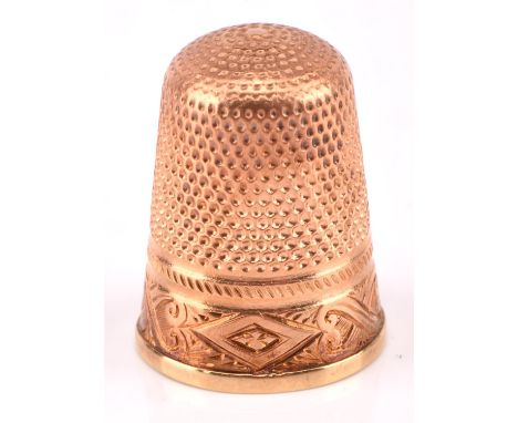 Antique thimble and fitted case, with textured engraving 16mm in diameter at base, tested as 18 ct. Condition Report:  gross 
