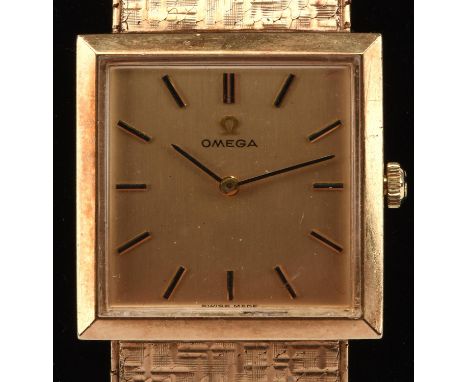 Omega a Gentleman's gold square cased wristwatch, the signed dial with baton hour markers, fitted with a caliber 620 17 jewel