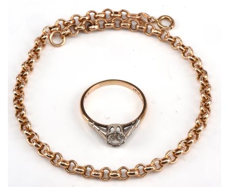 Single stone zircon ring, with rub over setting, ring size R, and a curb link bracelet with spring clip clasp, 23cm long, bot