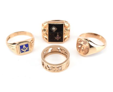 Four Masonic rings, including an oval blue enamel swivel signet ring, size U1/2, a square blue enamel swivel signet ring with