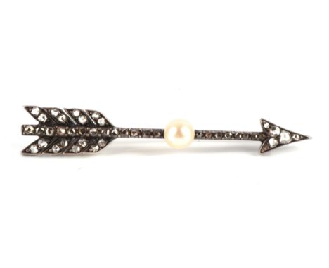 Victorian diamond arrow brooch, set with rose cut diamonds and a single pearl, 55x9mm,  silver and 9 ct with c clasp Conditio