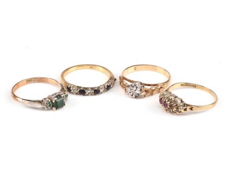 Four gem set rings, including a ruby and diamond cluster ring, stamped 9 ct, ring size L, a three stone square cut green past