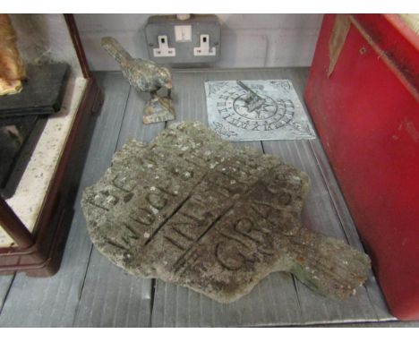 A sundial, a reconstituted "BEWARE WOOPSIES IN THE GRASS" sign and a cast iron bird (3) 