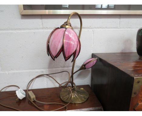A Christopher Wray 1970's Lotus lamp with brass effect and pink glass, with side bulb, 42.5cm tall a/f 