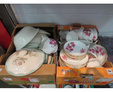 A box of Alfred Meakin dinner wares, a box of Duchess bone china tea cups, saucers and a box of assorted glassware including 