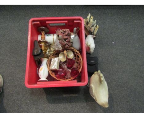 A box of assorted items to include a soapstone brush pot and a mother-of-pearl box 