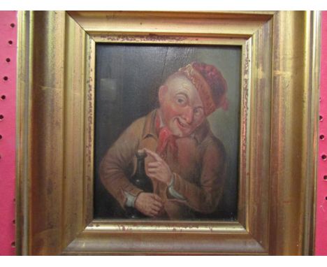 A 19th Century oil on panel, portrait miniature of a man with a bottle, long scratch to panel, gilt frame, 14.5cm x 12cm 