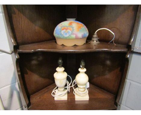 A pair of alabaster table lamp bases and a 1930's frosted glass ceiling lamp with pansy pattern 