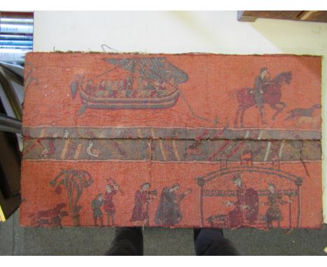 A pair of 19th Century Bayeux style tapestry remnants depicting figures and longboat, 50cm long 