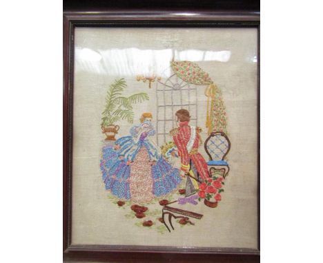 A tapestry depicting couple in interior scene, framed and glazed, 44cm x 37cm 