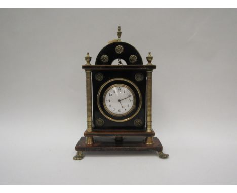 Sedan clock ca.1825 with English key-wound fusee movement 7 1/2" x 12". Case with brass rosettes and brass pillars, on brass 