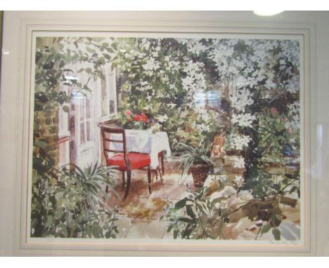 PAMELA KAY (XX): A framed and glazed limited edition print patio scene. Pencil signed and No. 496/600.  Image size 46cm x 61c