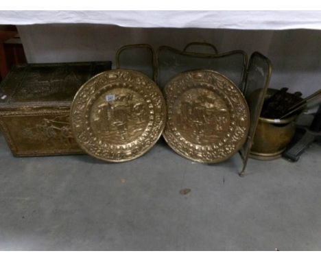 A brass log box, brass coal scuttle, brass fire screen, 2 brass plaques, horse brasses etc.,