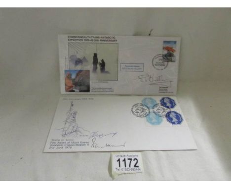 A Commonwealth Trans-Atlantic expedition stamp cover signed by Sir Edmund Hilary and a Mount Everest 25th stamp cover signed 