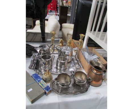 A mixed lot of metalware including teaware, pair of brass horses, copper jug, cutlery, candlesticks, Italian harmonica etc.,