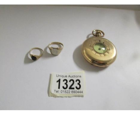 2 gold rings and a Dennison half hunter pocket watch.