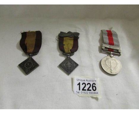 2 1902-1912 Indian army temperance medals (silver?) and an Indian general service medal with Jammu & Kashmir 1947-48 bar.
