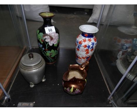 An Imari vase, A Cloissonne vase a/f, a pewter tea caddy and a lustre jug.