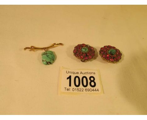 A pair of foiled back ruby and turquoise earrings together with a 15ct gold turquoise ring,