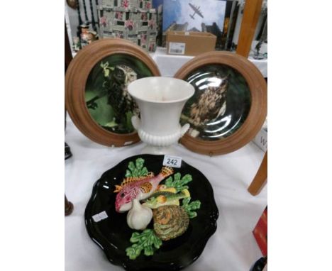 A pair of Wedgwood limited edition owl plates, a Wedgwood Etruria vase and an unusual sea fish plaque.