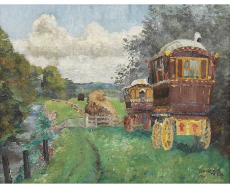 *Cedric Morris (1889-1982) GYPSY QUEEN CARAVANS IN A SUSSEX MEADOW Signed, dedicated 'To Phyllis...' and dated 1927 l.r., oil