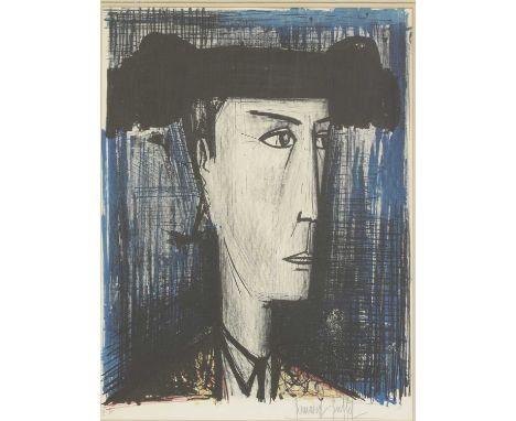*Bernard Buffet (French, 1928-1999) PORTRAIT OF A MAN IN A BLACK HAT Lithograph printed in colours, signed and inscribed 'E.A