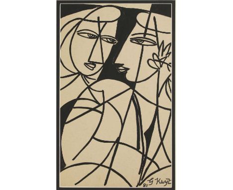 George Keyt (Sri Lankan, 1901-1993) TWO FEMALE FIGURES, 1981 Signed and dated 1981 l.r., acrylic on card stock paper 64 x 38c