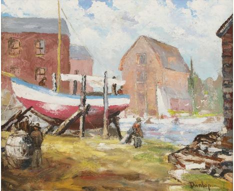 *Ronald Ossory Dunlop RA (Irish/British, 1894-1973) 'BOAT YARD ON THE RIVER BLYTH, WALBERSWICK' Signed l.r., oil on board 38 