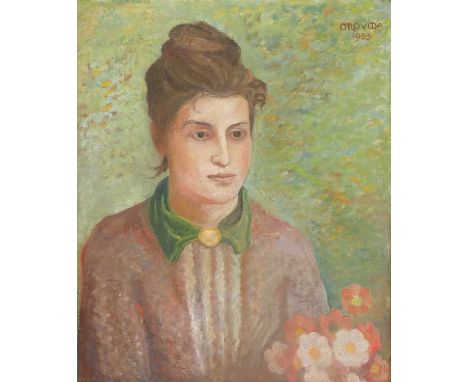 *Orovida Camille Pissarro (1893-1968) PORTRAIT OF A LADY HOLDING FLOWERS, BUST LENGTH Signed and dated 1953 u.r., oil on canv