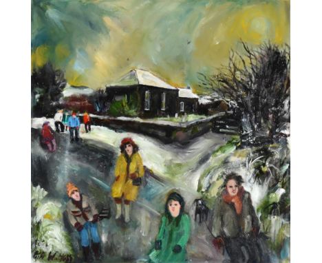 Gill Watkiss (b.1938) ''Tregerset Chapel, Winter'' Signed, signed and inscribed on a label verso, oil on canvas, 48.5cm by 48