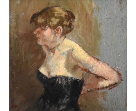 Bernard Dunstan RA, PPRWA (1920-2017) ''Girl Dressing'' Initialled, inscribed to label verso, oil on board, 18.5cm by 19.5cm

