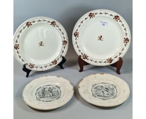 Pair of 19th century Sarreguemines transfer printed plates, depicting shooting and hunting scenes, together with two 19th cen