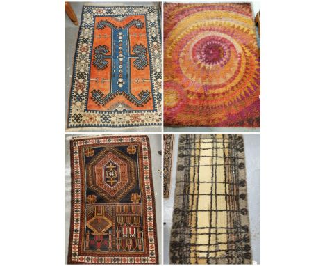 Vintage Turkish orange, blue and cream ground geometric carpet, together with a vintage Afghan pictorial prayer rug and two o