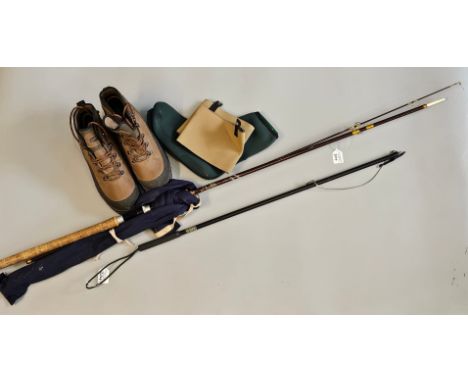 Collection of fishing equipment to include: Hardy Fibalite two piece spinning rod, Hardy Detailer, pair of Orvis fishing boot