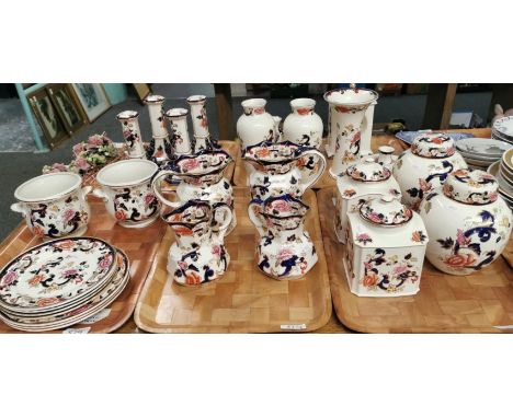 Five trays of Mason's ironstone 'Mandalay' design items to include: two pairs of candlesticks, planters, pouch shaped dresser