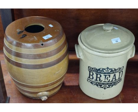 Stoneware 'Bread' bin and cover, together with a stoneware utensil jar and a salt glazed stoneware barrel. (3) (B.P. 21% + VA
