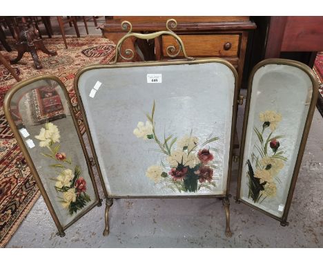 Art Nouveau design brass framed triple mirror fire screen, hand-painted with floral bouquets. (B.P. 21% + VAT)