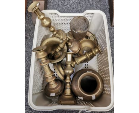 Box of brass ware to include: candlesticks, goblet, pestle and mortar, tastevin etc. (B.P. 21% + VAT)