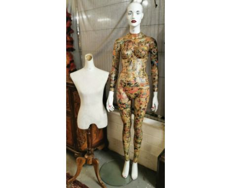 Unusual modern life-size mannequin of a woman with Papier-mâché decoration of Super Hero Comics, Superman and Hawkgirl etc. o