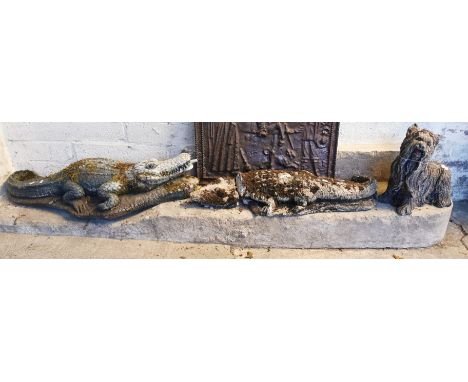 Collection of composition garden ornaments to include: alligators/crocodiles, Yorkshire Terrier dog, Buddha figurine and wate