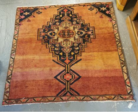 Hand woven Persian Tribal rug, with central medallion flanked by repeating floral and geometric borders. 162x158cm approx. (B