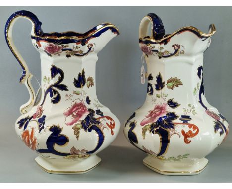 Large pair of Masons ironstone 'Mandalay' pouch shaped jugs. 34.5cm approx. (2) (B.P. 21% + VAT)No obvious damage.